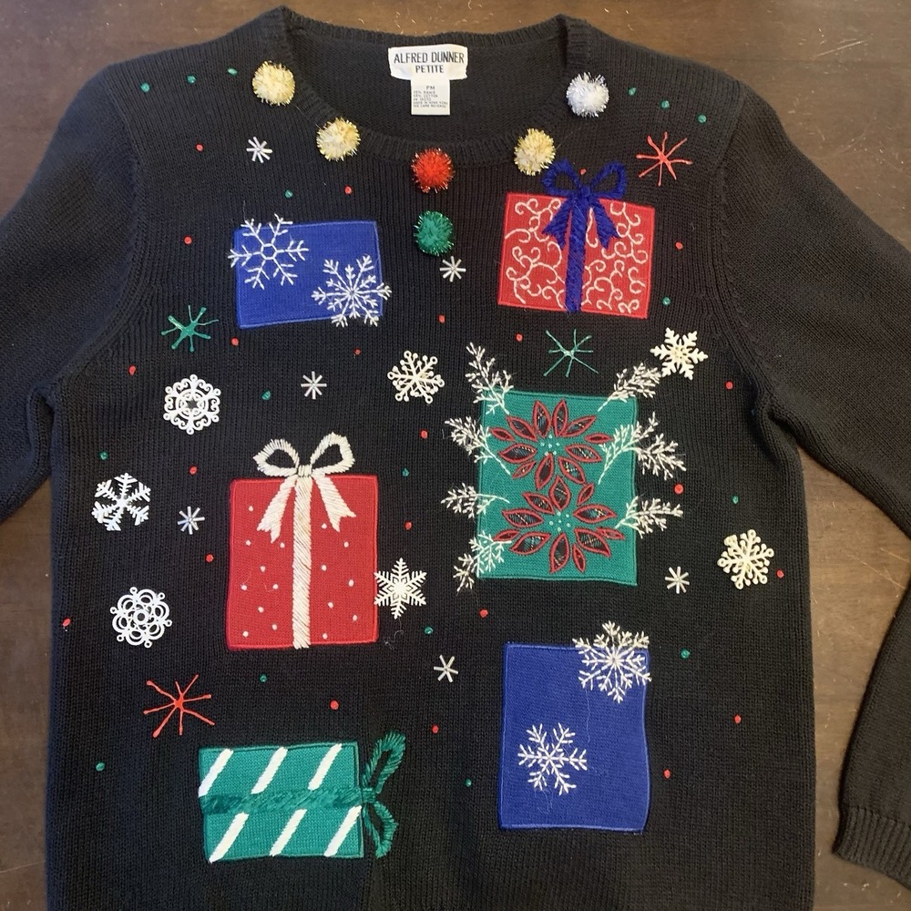 Alfred Dunner Christmas Sweater Womens Petite Medium Black Holiday